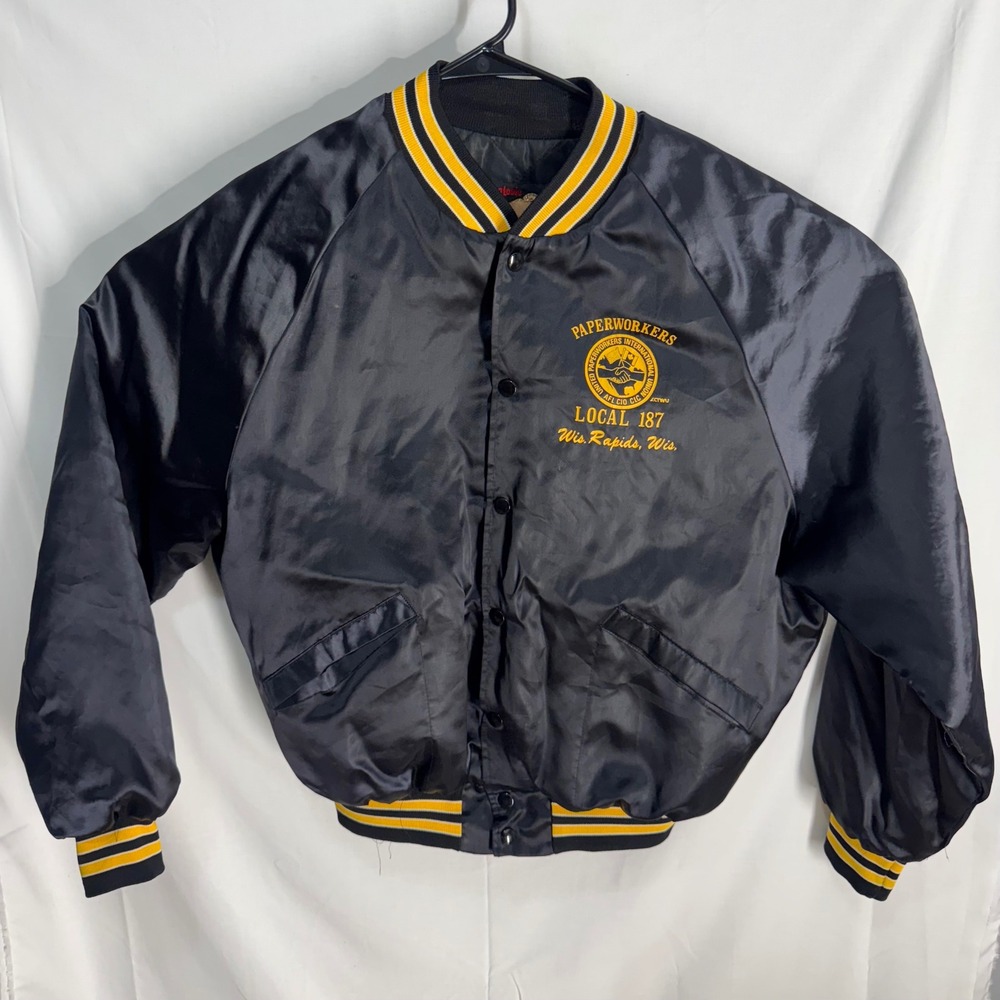 King Louie Pro Fit Bomber Jacket Men L Black Paperworkers Union Satin Vintage